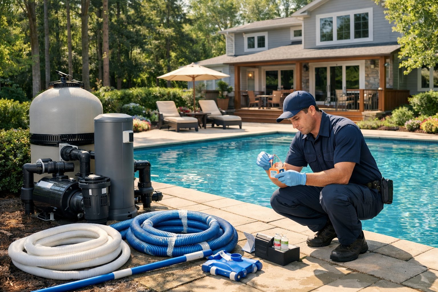 Pool Maintenance McLean, VA: Expert Care, Services & Renovation 1 A pool maintenance technician inspecting a clean backyard swimming pool with pool equipment and greenery around a suburban house.