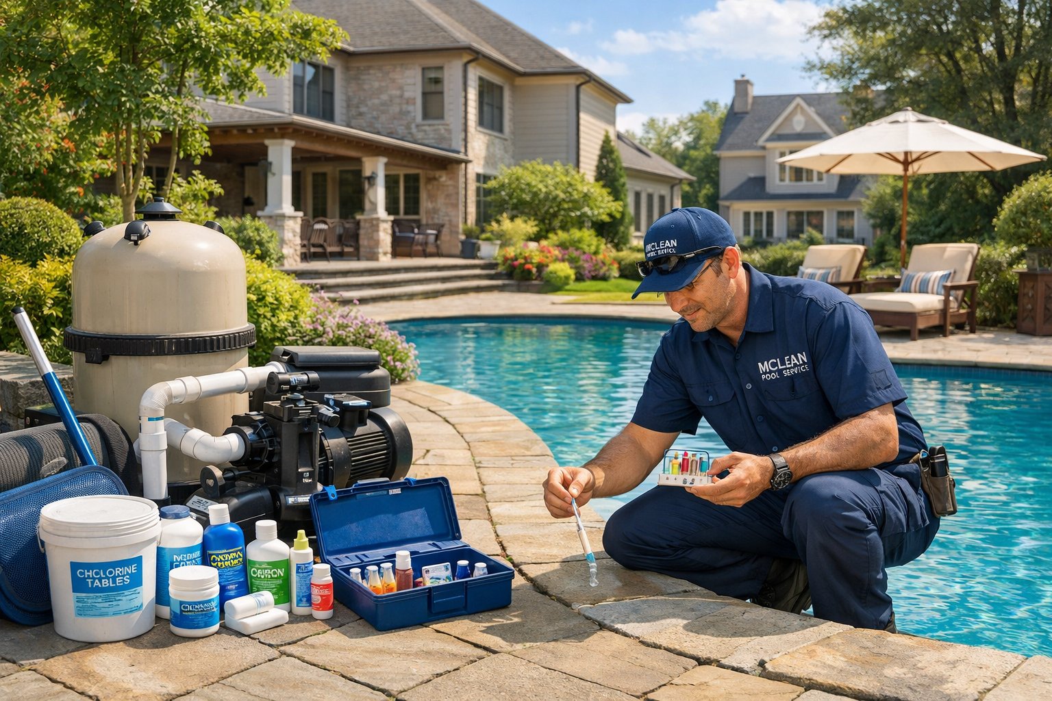 Pool Maintenance McLean, VA: Expert Care, Services & Renovation 2 A swimming pool in a residential backyard with a technician checking the water and pool equipment surrounded by green plants and houses.