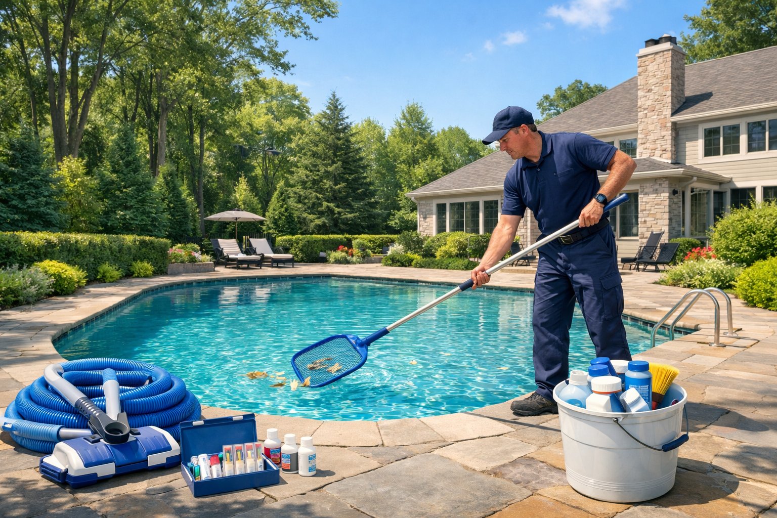 Pool Maintenance McLean, VA: Expert Care, Services & Renovation 4 A person cleaning a backyard swimming pool with maintenance tools near a suburban home surrounded by trees and shrubs.
