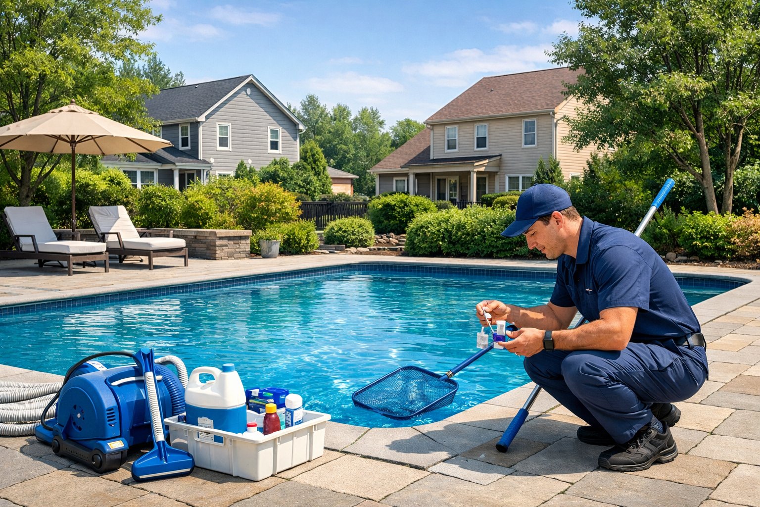Pool Maintenance Sterling, VA: Expert Services & Local Solutions 2 A clean residential inground swimming pool with a technician performing maintenance tasks in a suburban backyard.