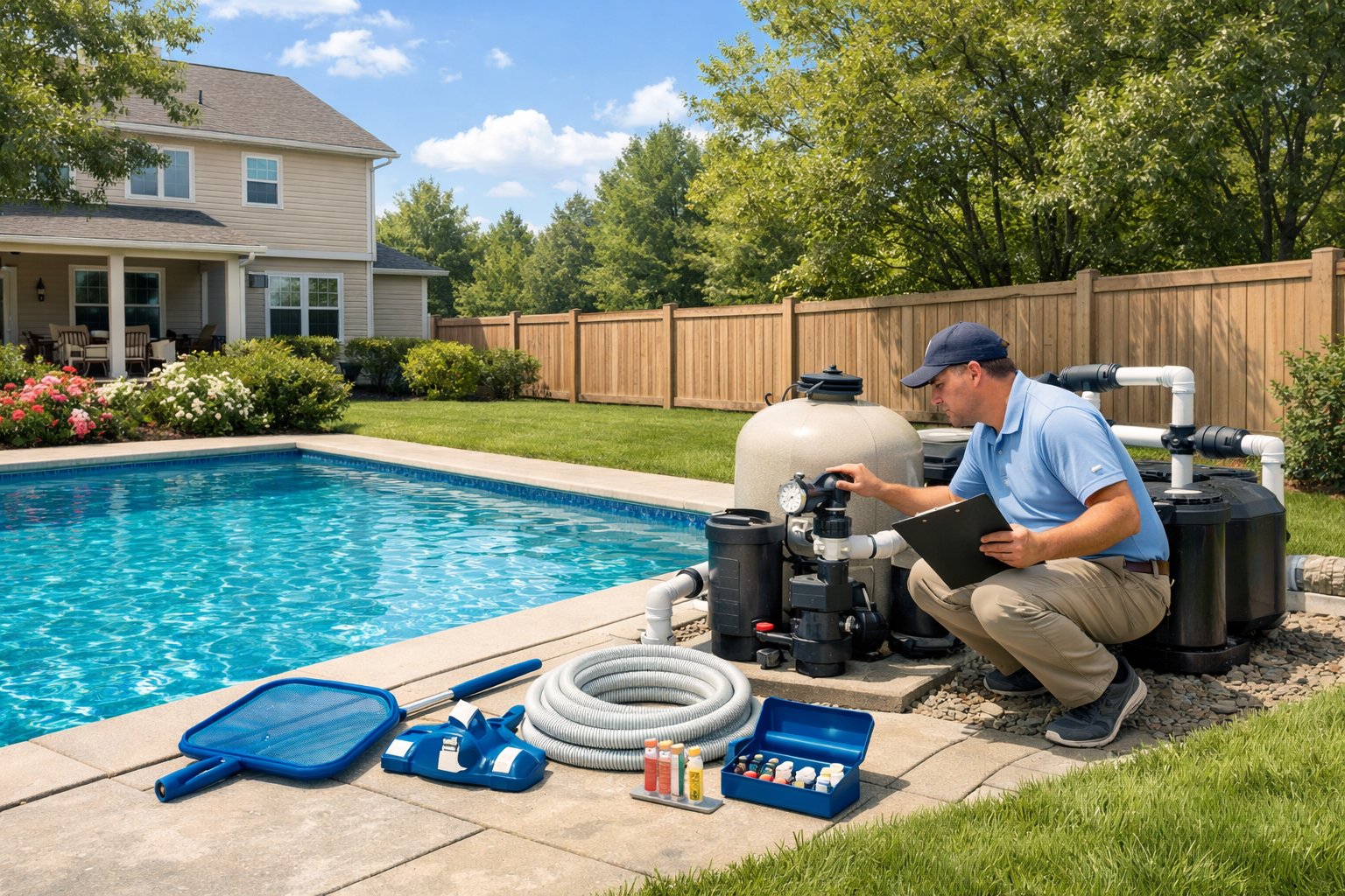 Pool Maintenance Sterling, VA: Expert Services & Local Solutions 4 A backyard with a clean inground swimming pool, a person inspecting pool equipment outside the pool, and pool maintenance tools nearby.