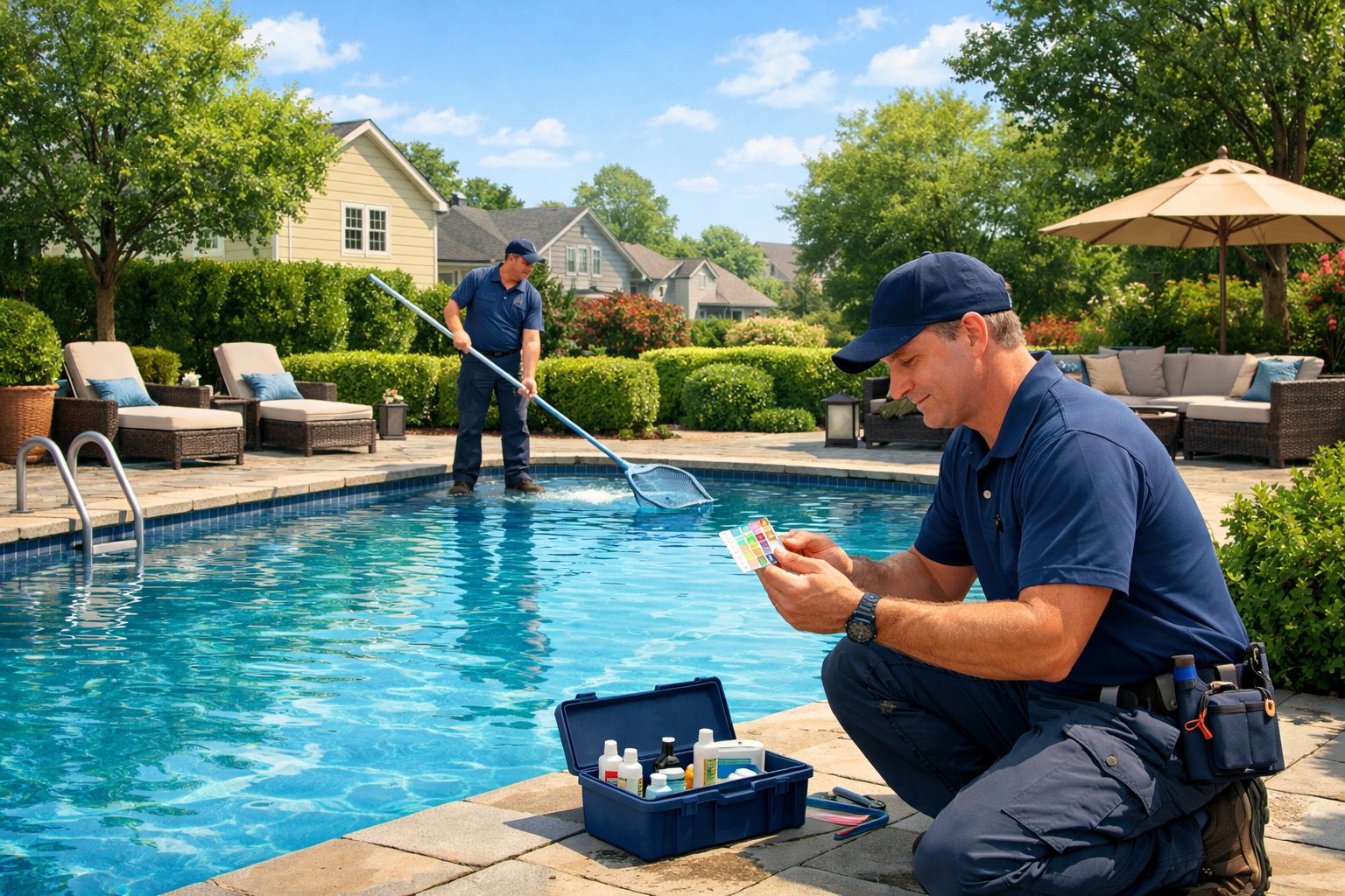 Pool Maintenance Herndon, VA: Essential Services & Expert Tips 2 A pool technician performing maintenance beside a clean backyard inground swimming pool surrounded by greenery and patio furniture.