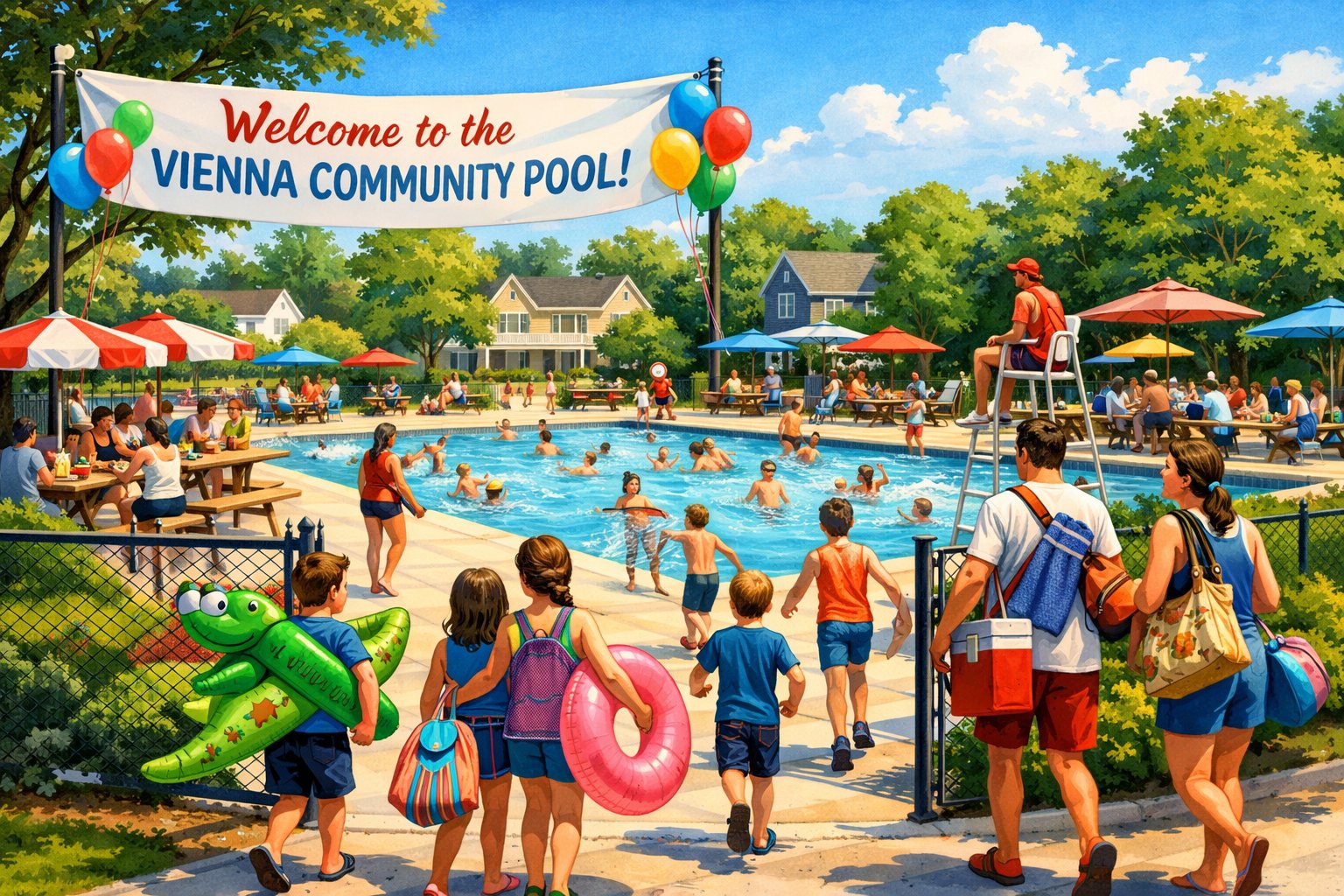 People enjoying the opening day of an outdoor community pool surrounded by trees and houses on a sunny day.