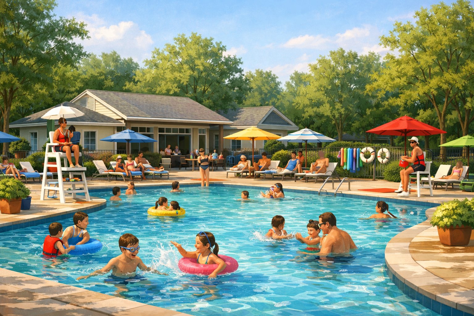 Pool Opening Oakton, VA: Complete Service & Maintenance Guide 1 A community swimming pool surrounded by trees with families and children enjoying the water and lounging nearby on a sunny day.
