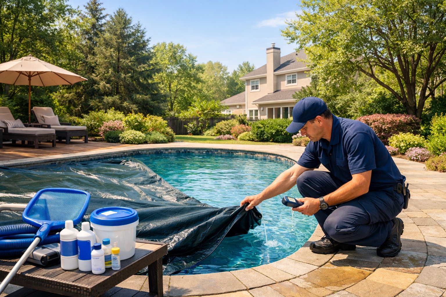 Pool Opening Oakton, VA: Complete Service & Maintenance Guide 2 A technician opening a swimming pool in a suburban backyard with green trees and clear sky.