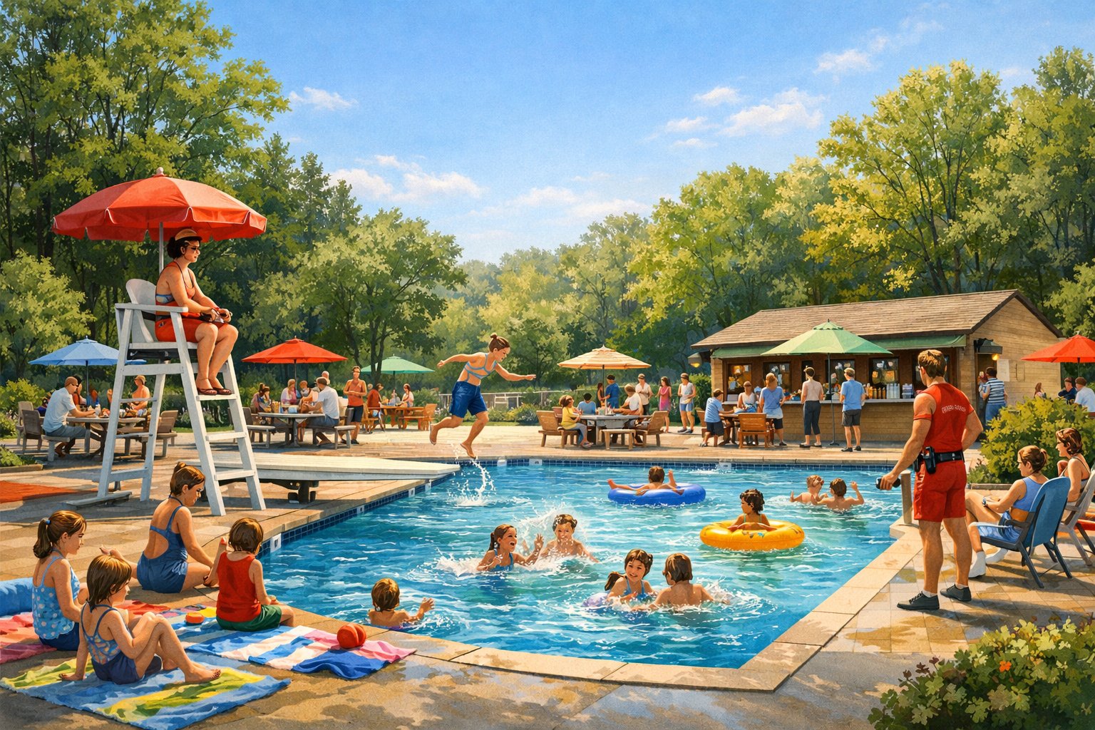 A sunny outdoor swimming pool in Great Falls, Virginia, with families and children swimming and relaxing by the pool surrounded by trees and picnic tables.