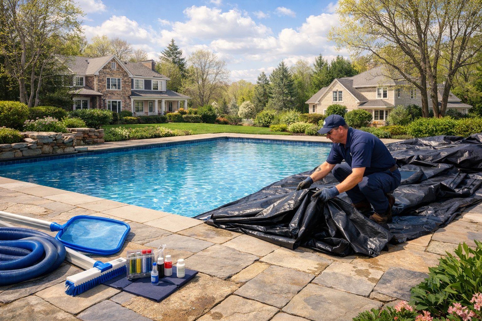 A technician opening a residential swimming pool in a backyard with green landscaping and suburban homes in the background.
