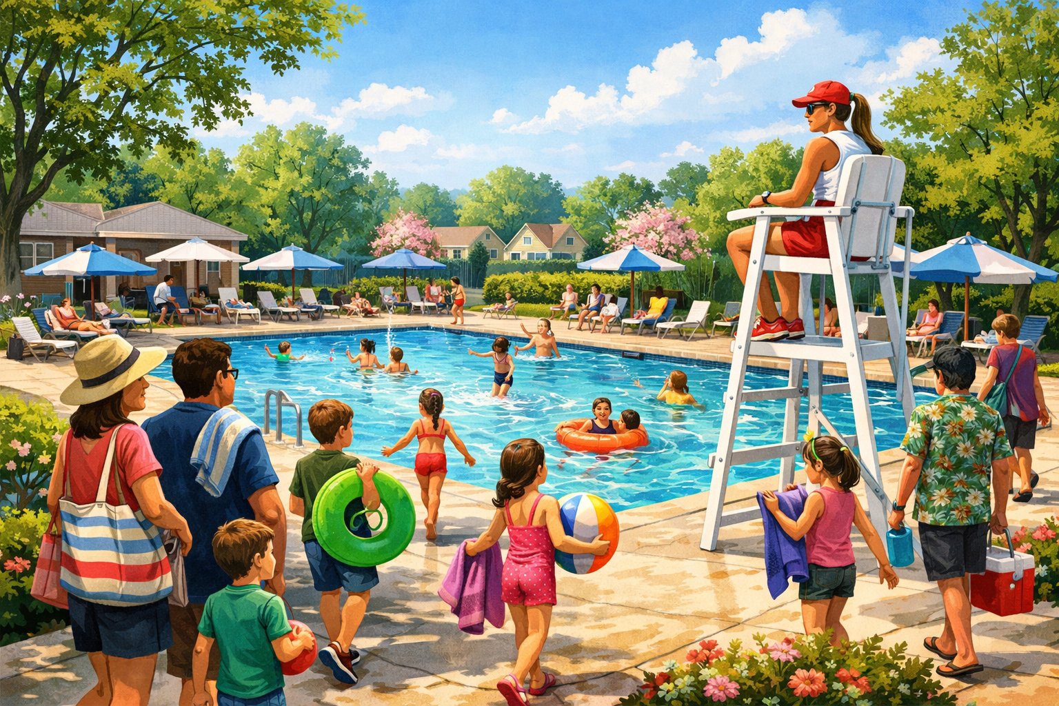 People enjoying the opening of an outdoor swimming pool with families and children swimming and relaxing near the pool surrounded by trees and houses.