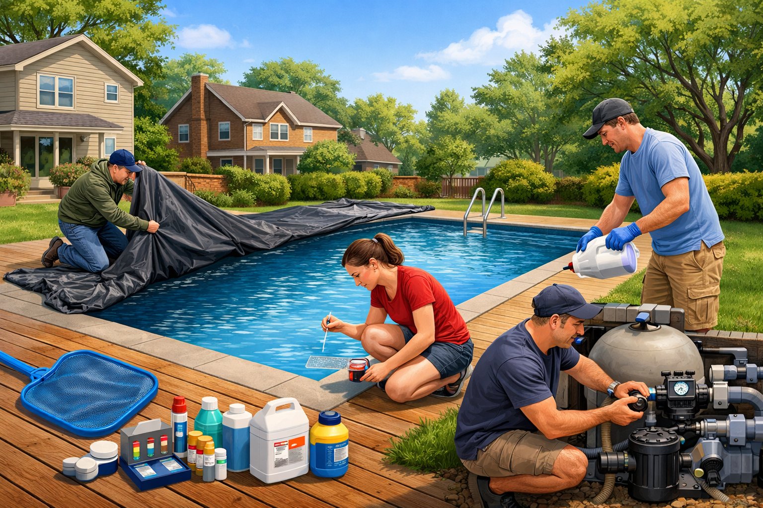 A backyard scene showing people opening a swimming pool with steps including removing the cover, testing water, adjusting equipment, and adding chemicals.