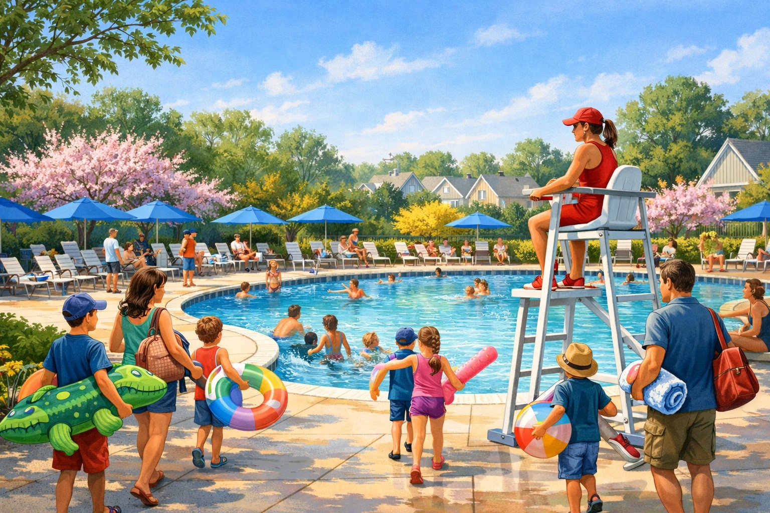 A community outdoor swimming pool with people enjoying the pool area surrounded by trees and a suburban neighborhood in the background.