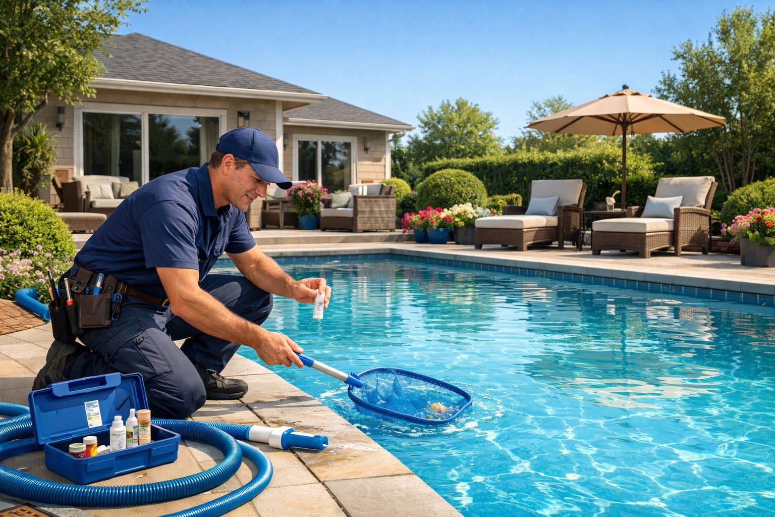 A technician cleaning and inspecting a residential swimming pool in a backyard with plants and a house in the background.