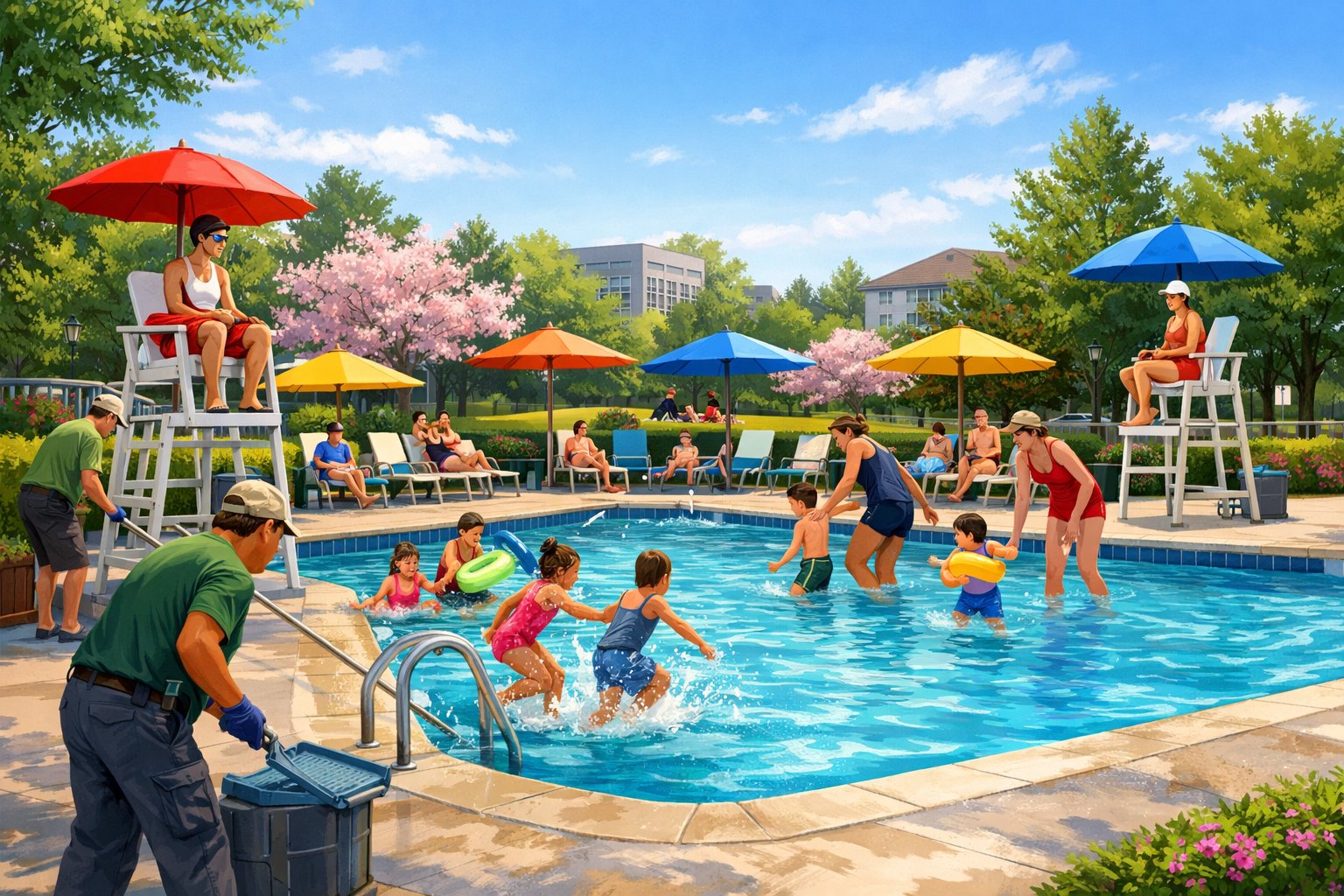People enjoying the opening day of a clean outdoor swimming pool in a sunny suburban neighborhood with green lawns and trees.