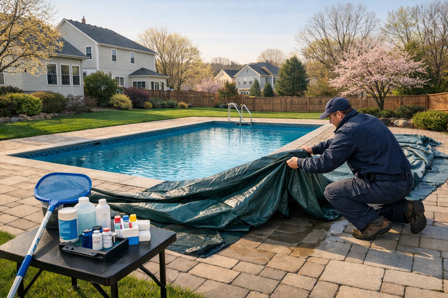 A technician removing a pool cover from a backyard swimming pool with maintenance tools nearby and houses in the background.