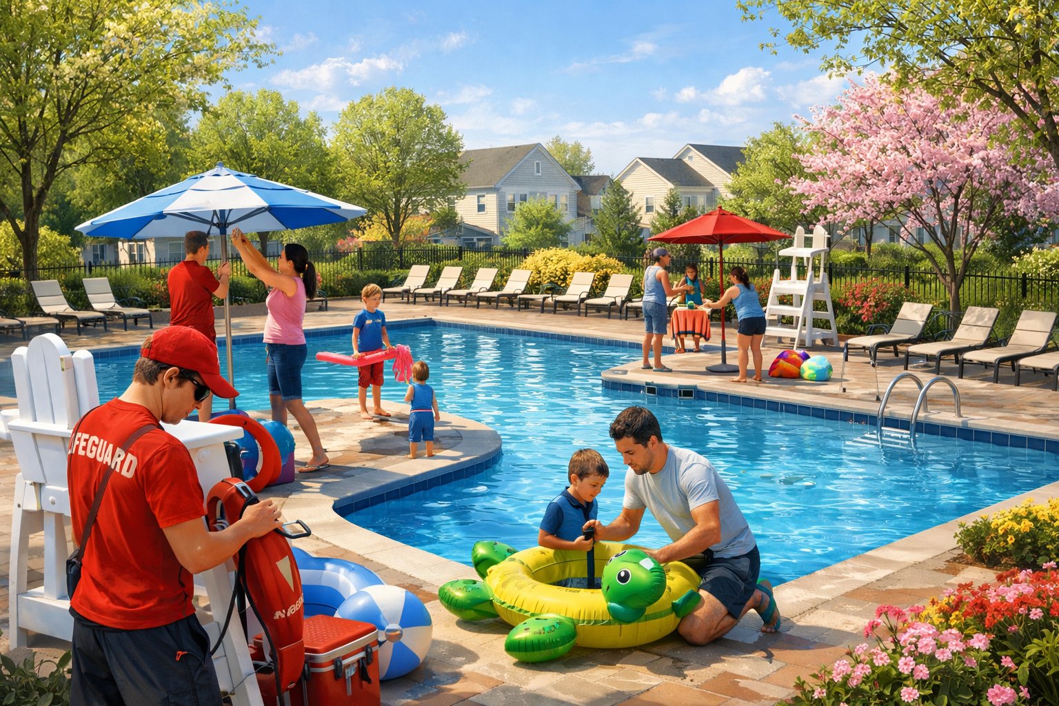 People preparing a residential inground swimming pool surrounded by trees and suburban homes on a sunny spring day.