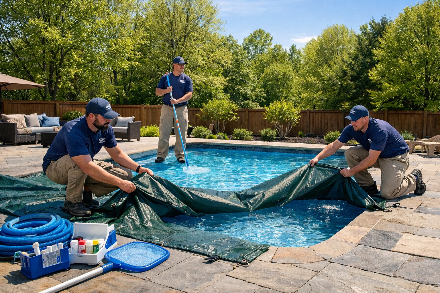 Workers opening a residential inground swimming pool in a sunny backyard with green trees and patio furniture.