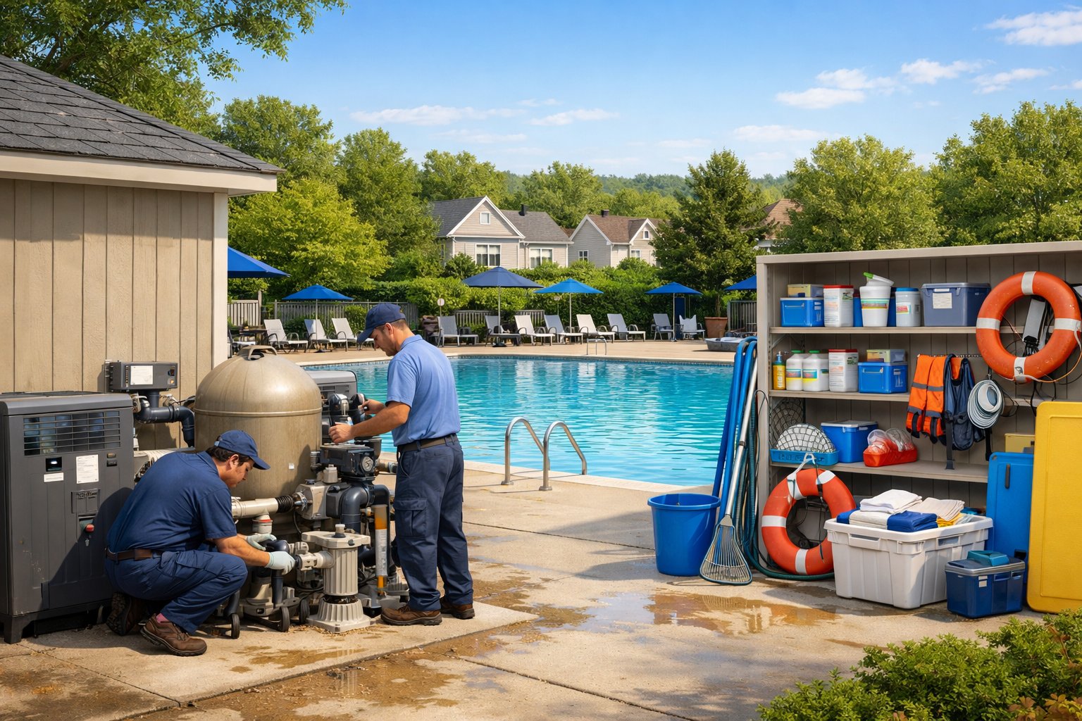 Pool Opening Purcellville, VA: Complete Local Guide & Services 2 A person inspecting pool equipment and organized supplies beside a backyard inground residential pool, surrounded by greenery and houses.