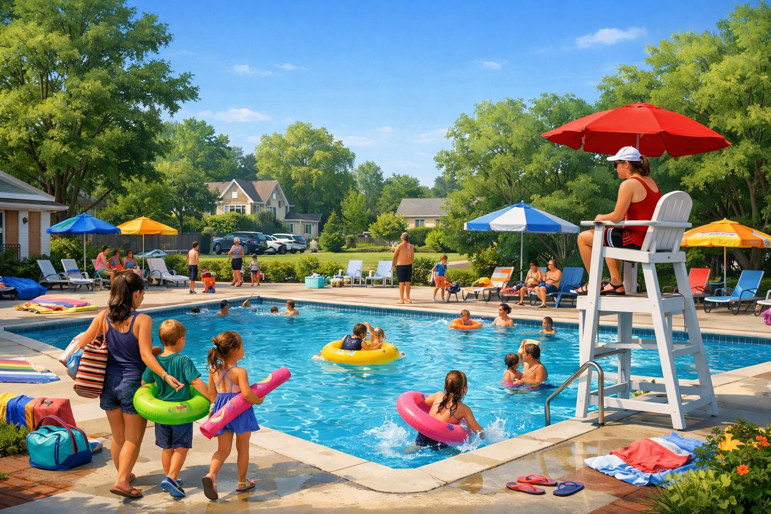 Families and children enjoying a newly opened outdoor swimming pool surrounded by trees and suburban houses on a sunny day.