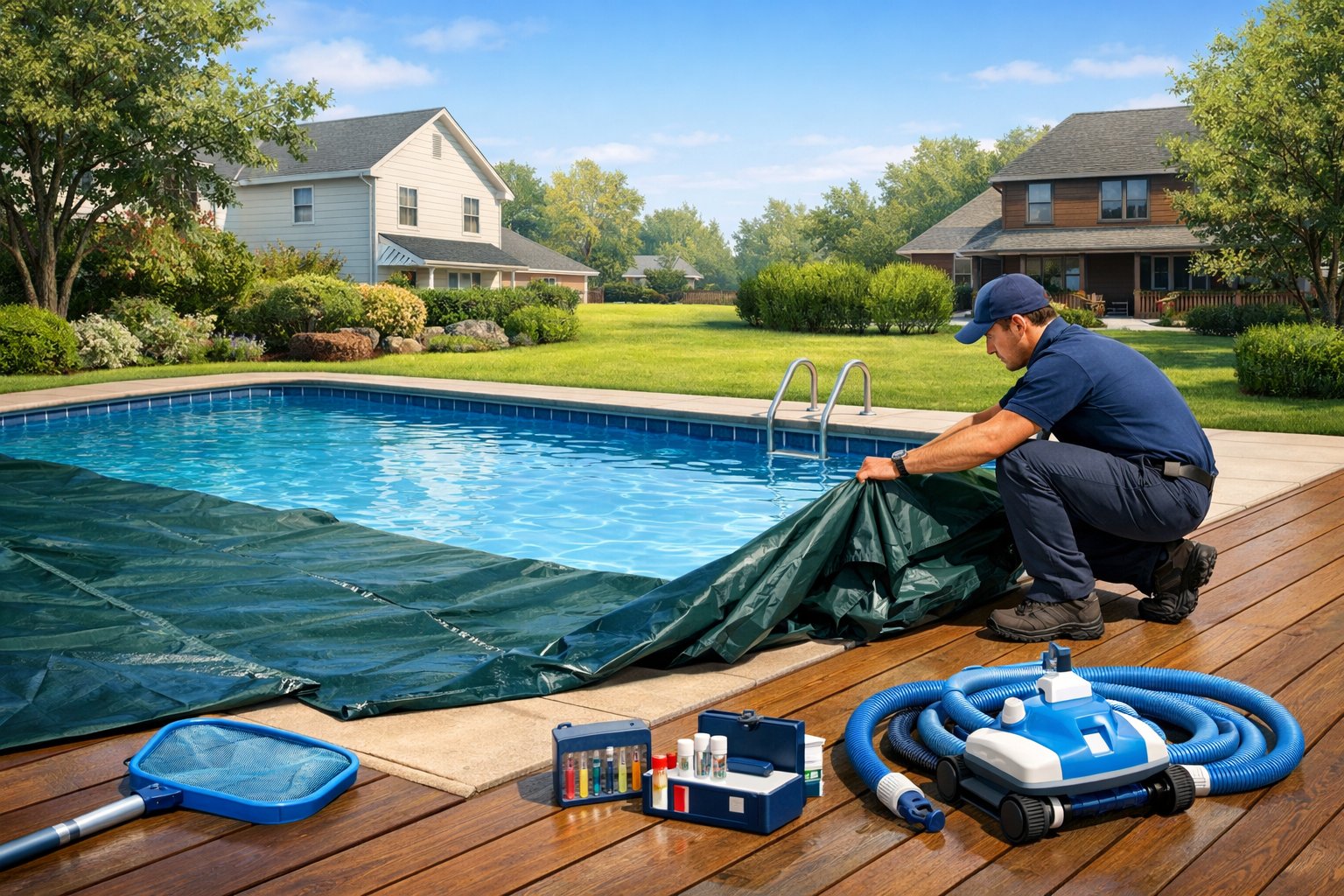 A technician removing a pool cover in a backyard with a swimming pool and maintenance equipment nearby.