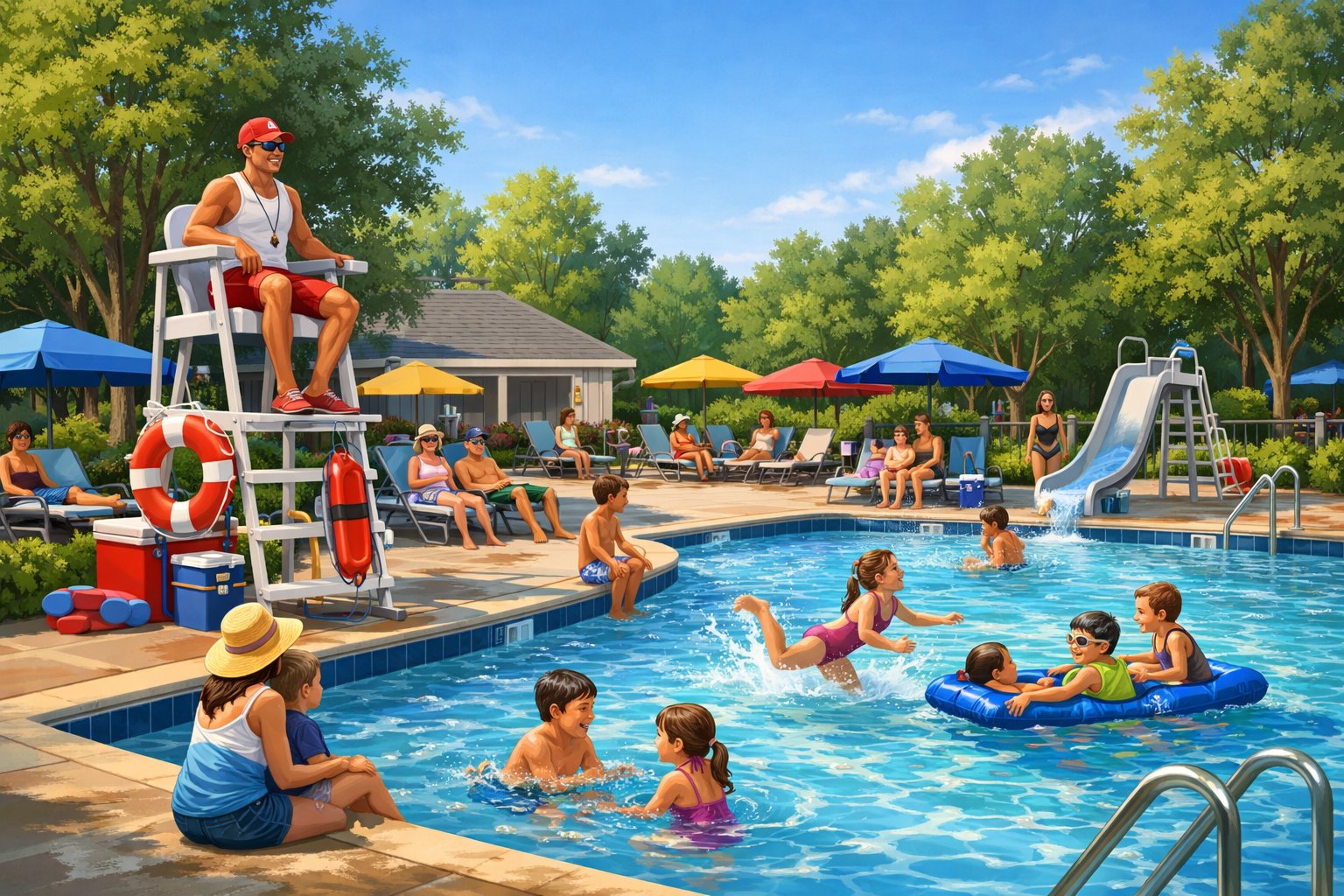 Pool Opening Lorton, VA: Services, Costs & Maintenance Tips 1 A backyard with an inground pool in Lorton, Virginia, surrounded by a patio and landscaping on a sunny day.
