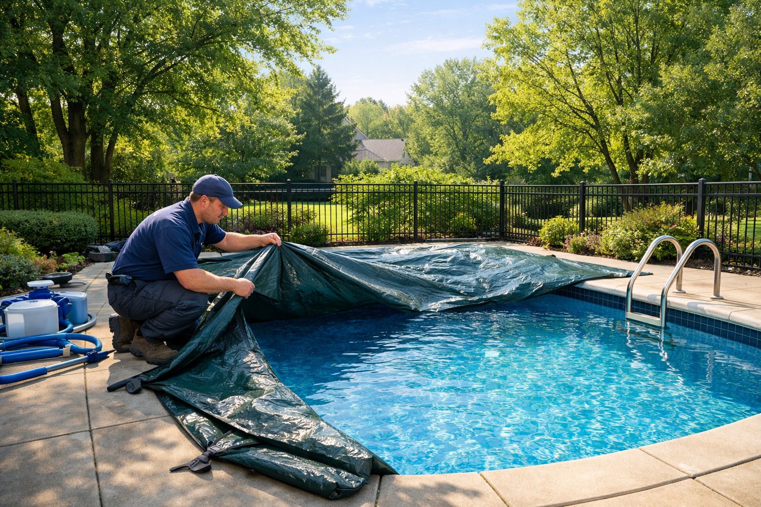 Pool Opening Lorton, VA: Services, Costs & Maintenance Tips 2 A technician opening a backyard inground pool surrounded by trees and greenery on a clear spring morning.