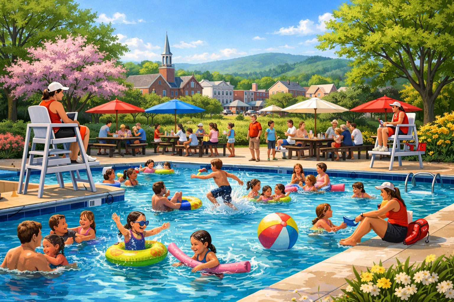 Pool Opening Berryville, VA: Seasonal Guide & Local Facilities 1 A lively outdoor swimming pool with families and children enjoying the water, surrounded by trees and small-town buildings on a sunny day.