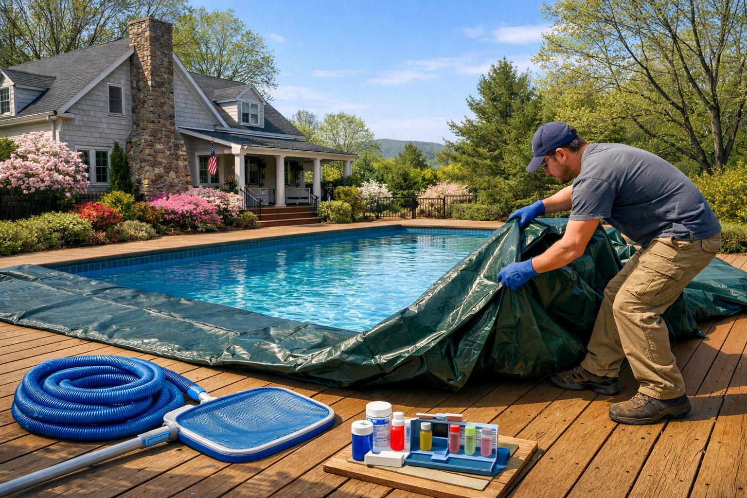 Pool Opening Berryville, VA: Seasonal Guide & Local Facilities 2 A person removing a pool cover from a backyard swimming pool surrounded by greenery and a house in a residential neighborhood.