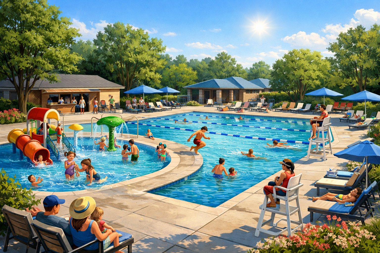 Pool Opening Berryville, VA: Seasonal Guide & Local Facilities 3 Outdoor swimming pool with families enjoying various pool areas, surrounded by trees and poolside amenities on a sunny day.