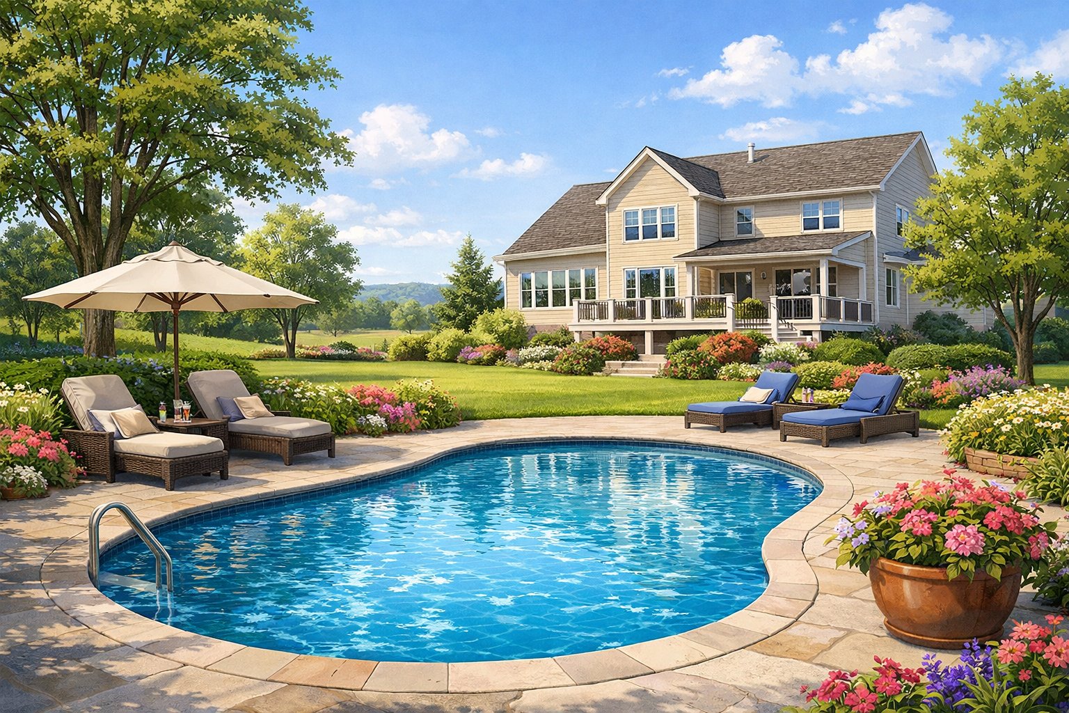 Pool Opening Aldie, VA: Comprehensive Seasonal Preparation Guide 1 A backyard with a newly opened swimming pool, green lawn, flower beds, trees, lounge chairs, and a two-story house in the background.