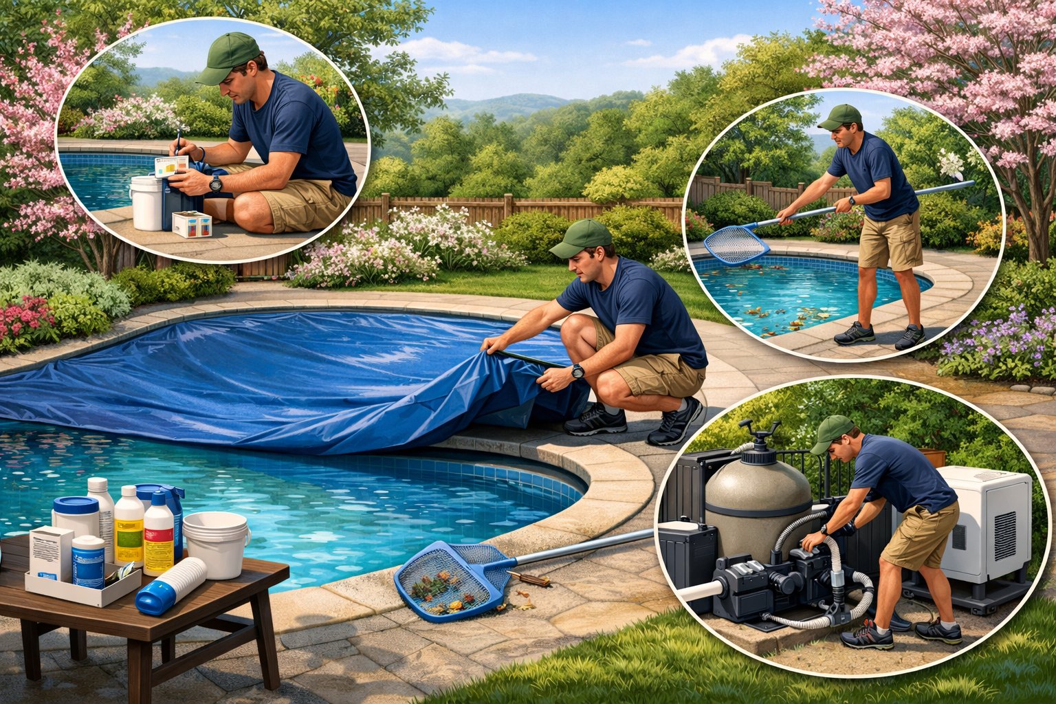 Pool Opening Aldie, VA: Comprehensive Seasonal Preparation Guide 2 A person opening a backyard swimming pool by removing the cover and cleaning the water surrounded by trees and greenery.