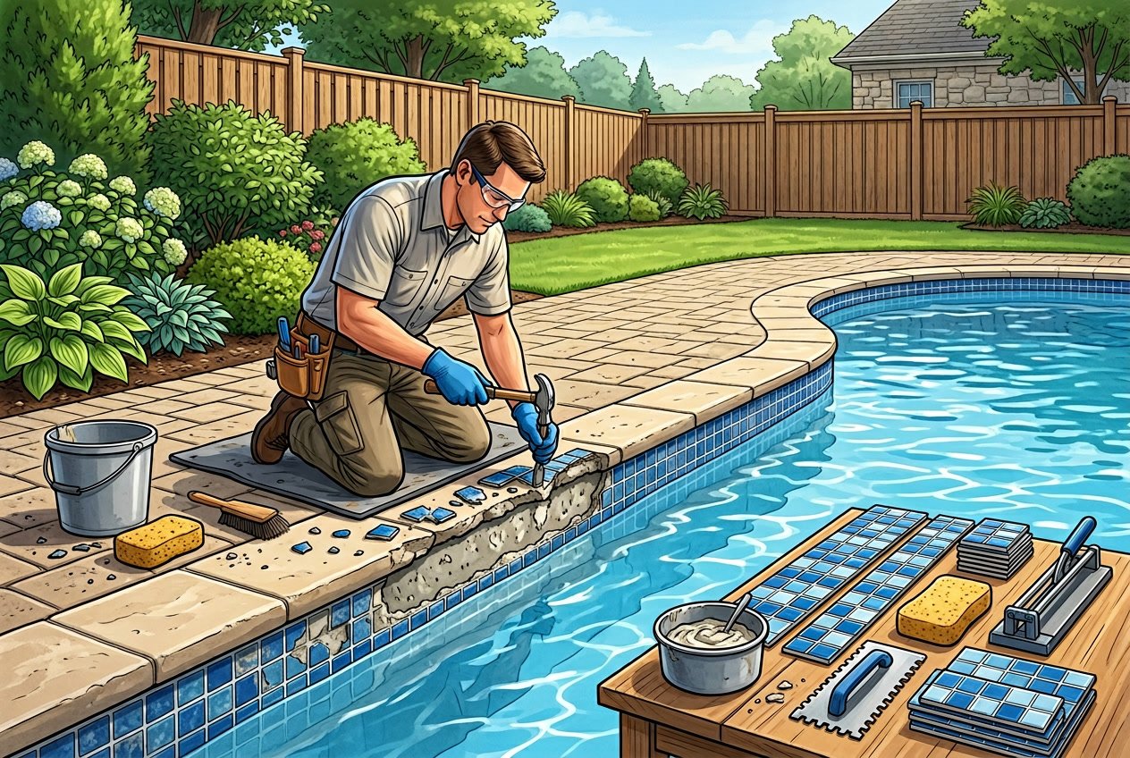 A worker replacing waterline tiles on the edge of a backyard swimming pool with new tiles and tools nearby.