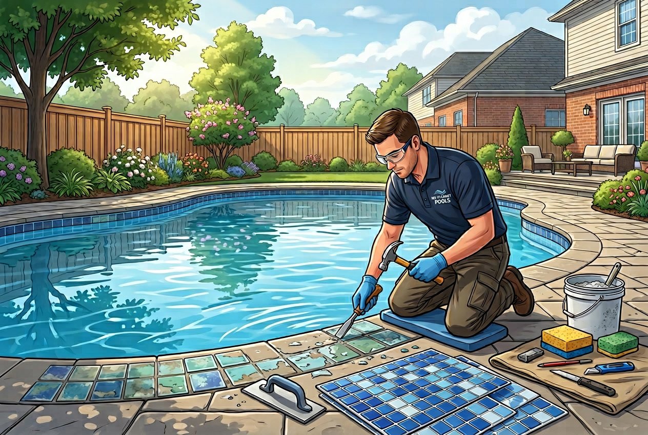 Technician replacing waterline tiles on a residential swimming pool in a backyard setting.