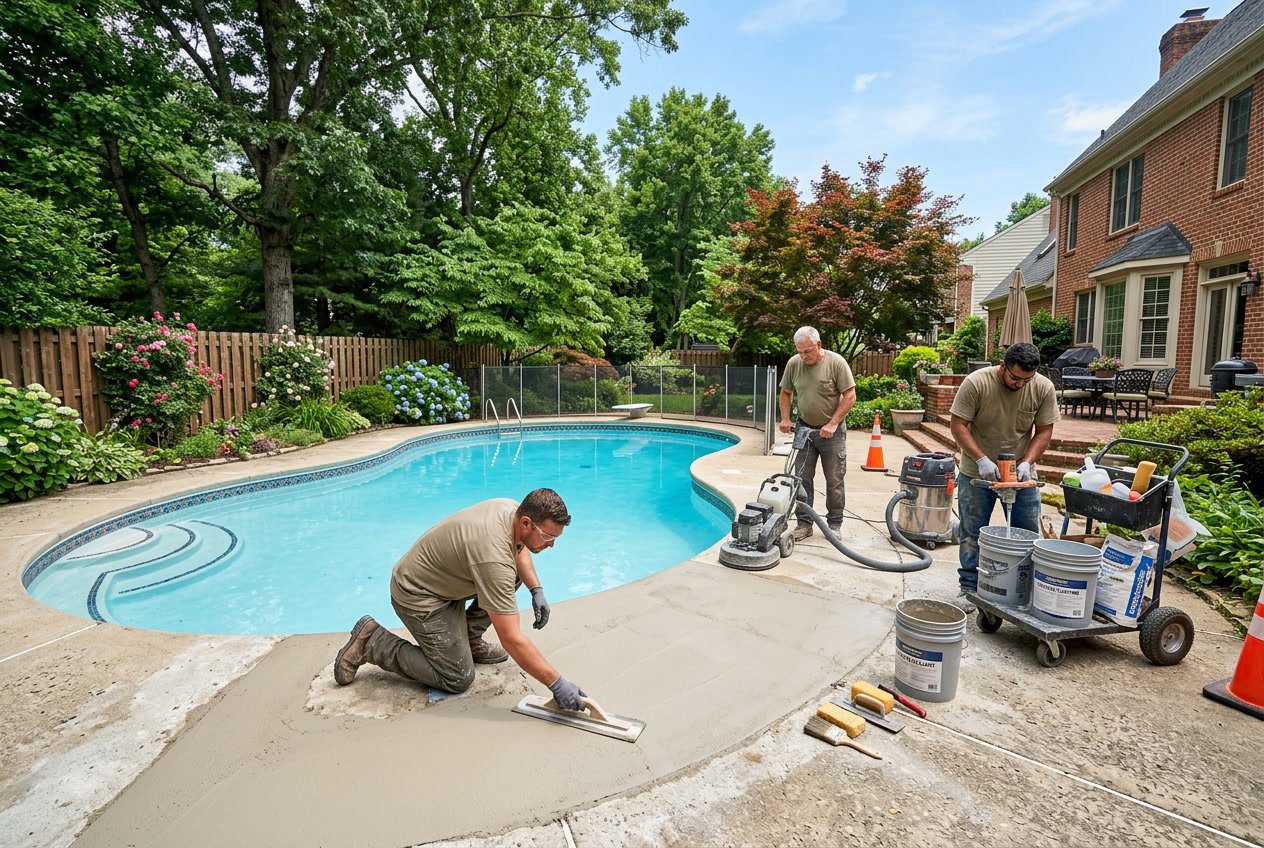 Workers repairing a concrete pool deck around a swimming pool in a residential backyard with plants and a wooden fence.