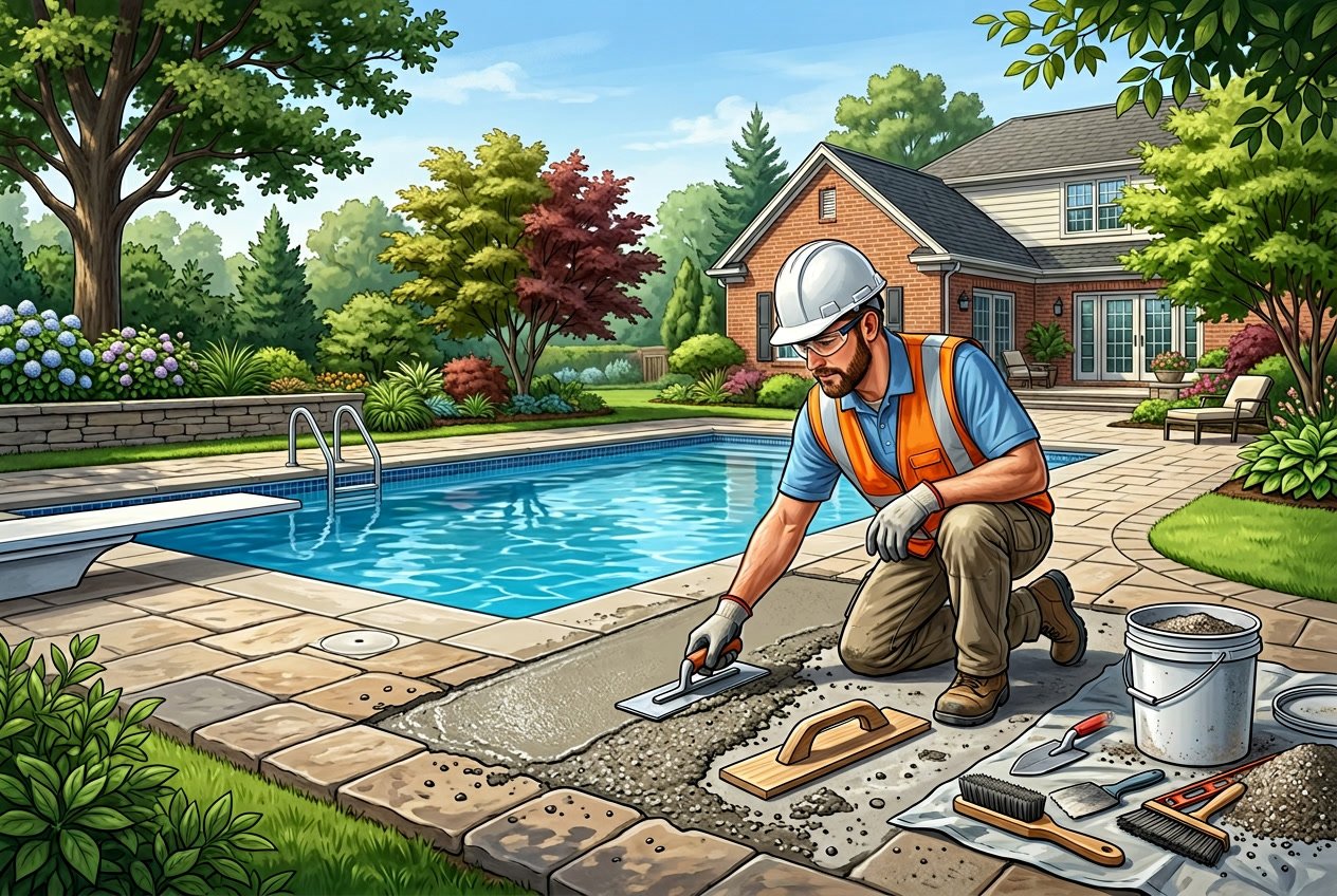 A worker repairing a pool deck in a residential backyard with tools and safety gear near a swimming pool surrounded by greenery.
