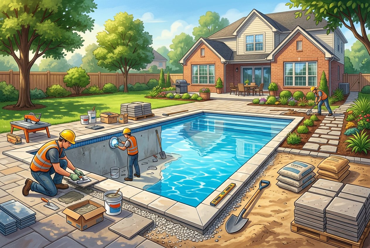 Pool Renovation in Haymarket, VA: Services, Process & Key Benefits 1 A backyard pool under renovation with workers installing tiles and landscaping around a modern house in Haymarket, Virginia.