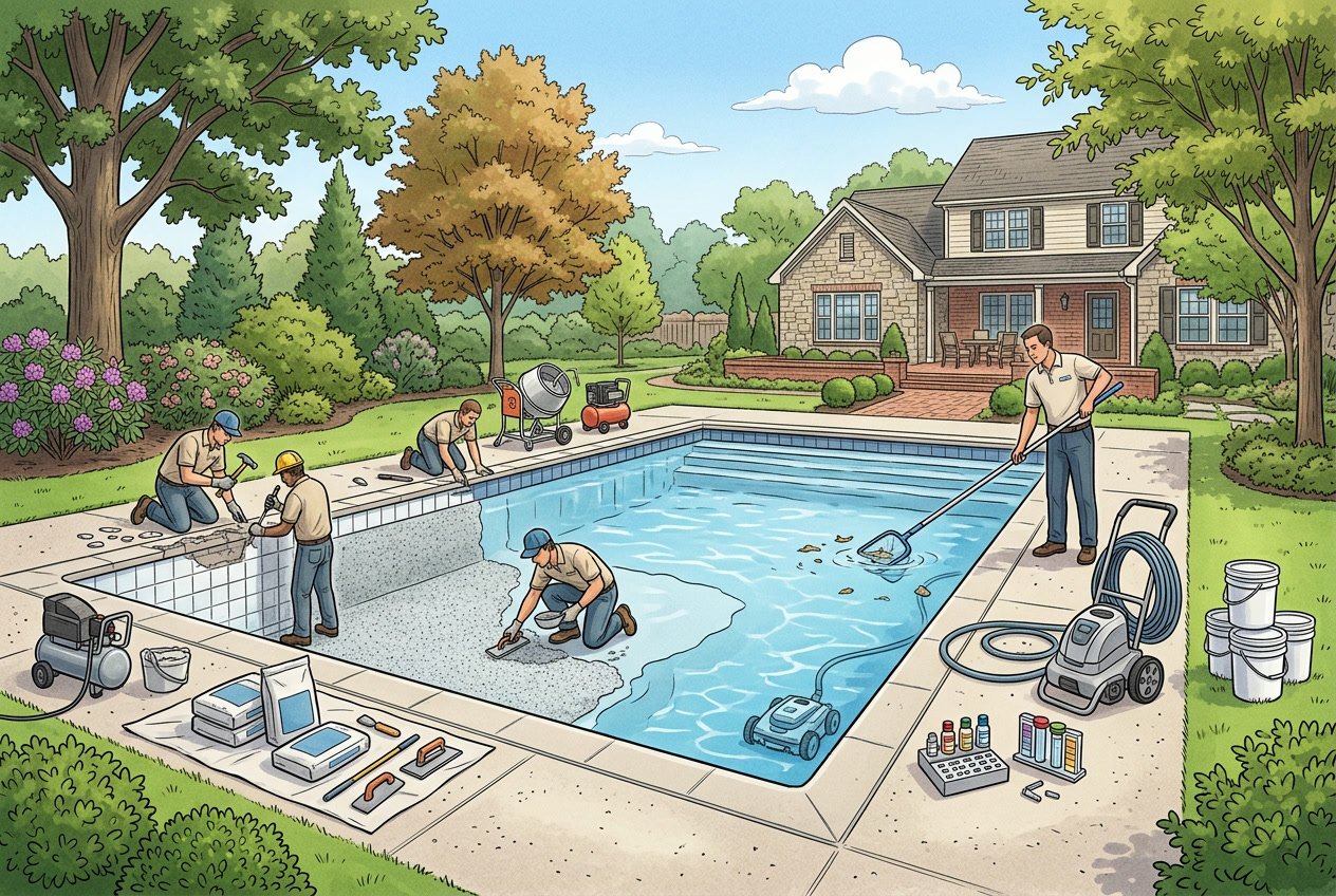 Pool Renovation in Haymarket, VA: Services, Process & Key Benefits 3 A backyard swimming pool being renovated with workers resurfacing the pool and maintenance equipment nearby.
