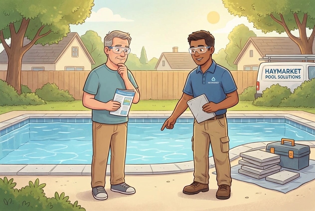 A homeowner and a worker discussing pool coping stone replacement by a residential swimming pool in a suburban backyard.