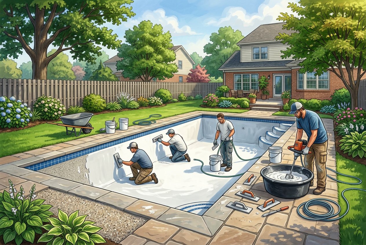 Workers applying new plaster to a residential swimming pool in a backyard with trees and a wooden fence.