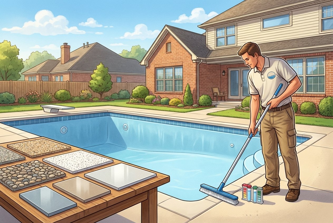A newly replastered swimming pool in a backyard with samples of surface materials displayed and a professional demonstrating pool maintenance.