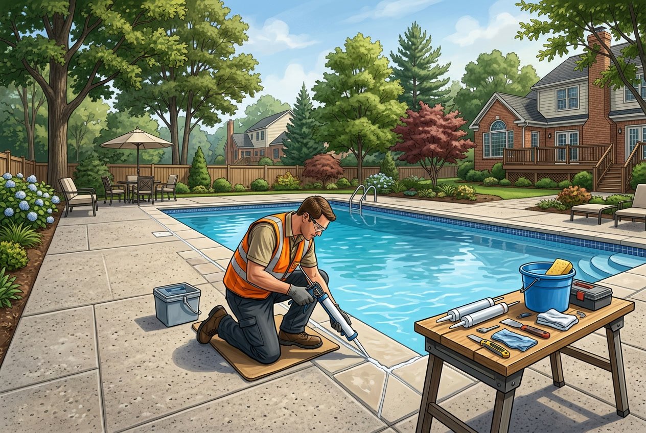 A worker applying caulk around the edge of a backyard swimming pool with tools nearby and houses in the background.