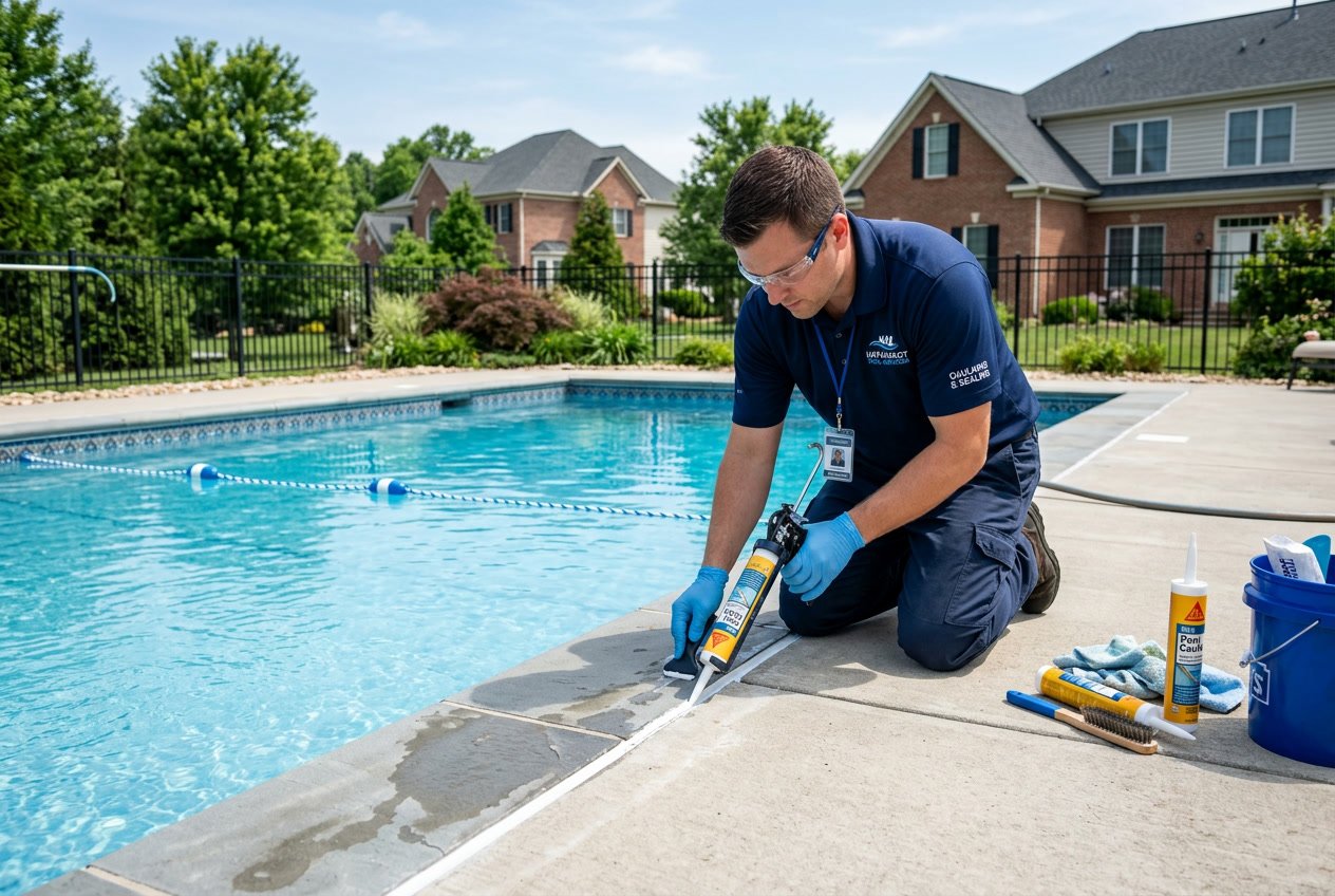 A technician applying caulk to the seams of a residential swimming pool deck with clear water and houses in the background.