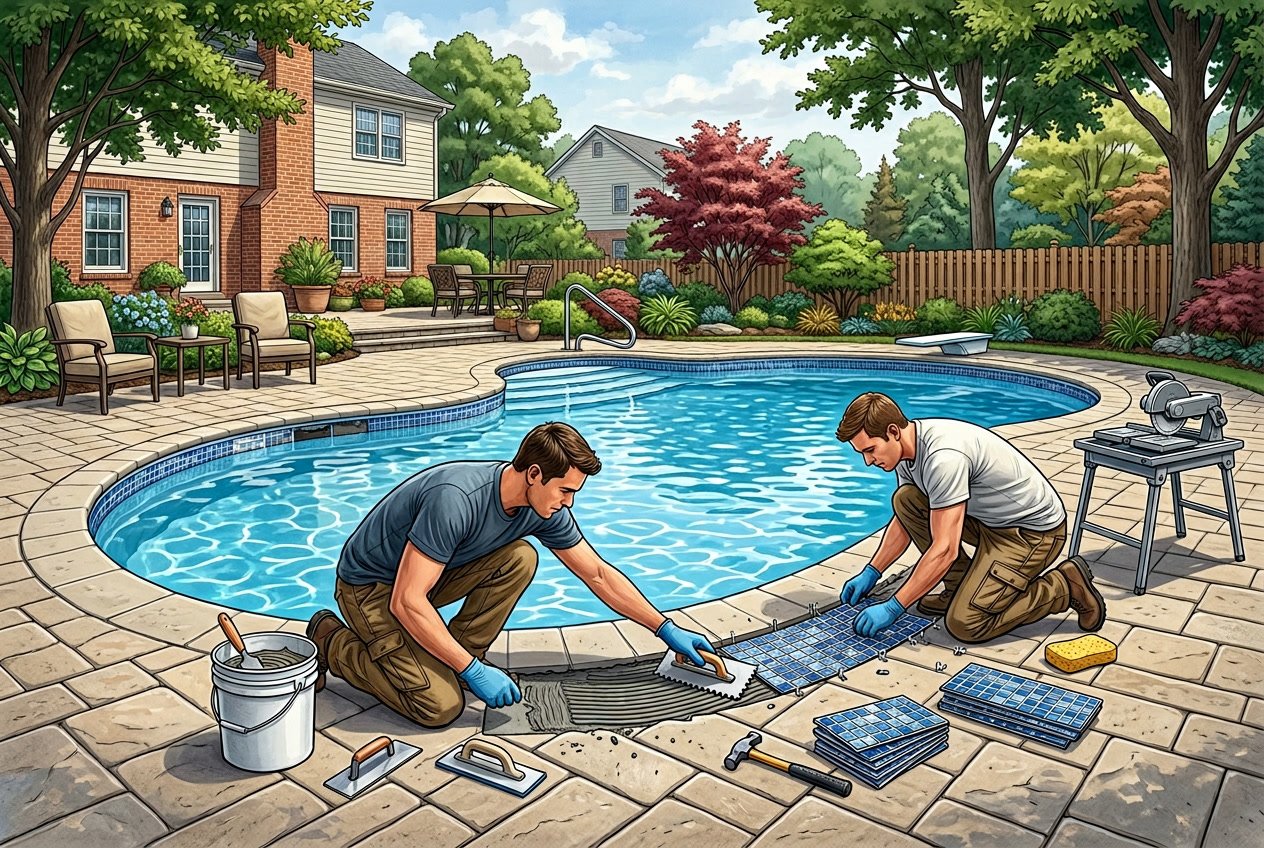A residential swimming pool with workers replacing waterline tiles along the pool edge in a backyard with green landscaping.