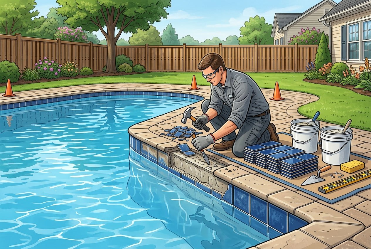 A worker replacing waterline tiles on a residential swimming pool in a backyard with a wooden fence and green lawn.