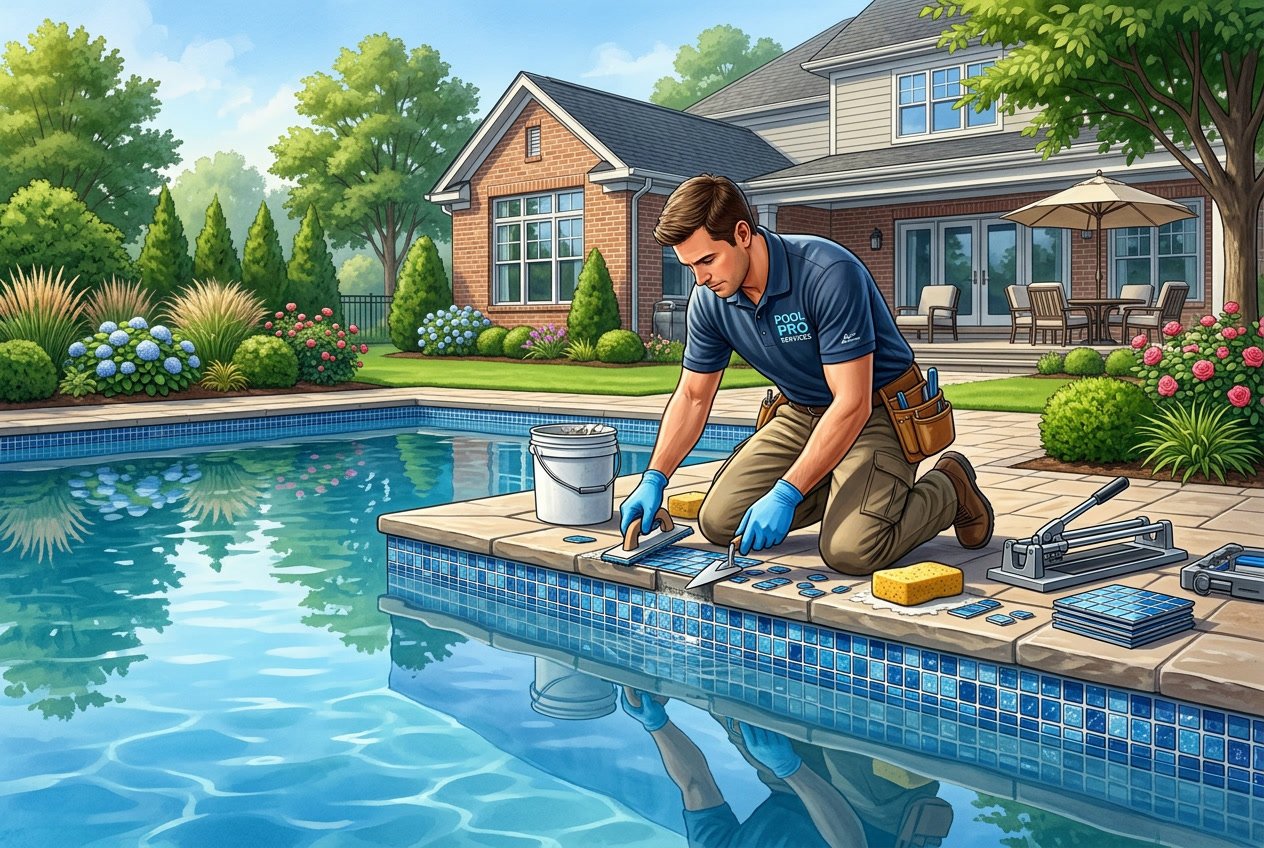 A pool technician replacing waterline tiles on a backyard swimming pool with a house and garden in the background.