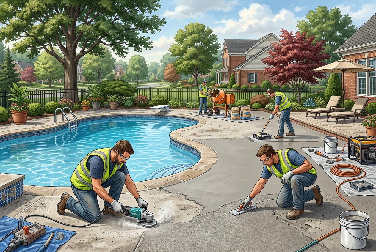 Workers repairing a pool deck next to a swimming pool in a residential backyard with trees and shrubs.
