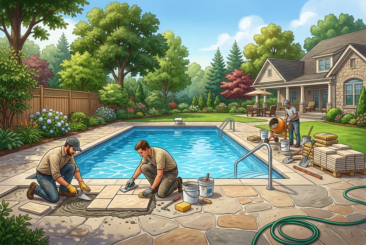 A backyard swimming pool with workers repairing a light-colored stone deck surrounded by green trees and shrubs.
