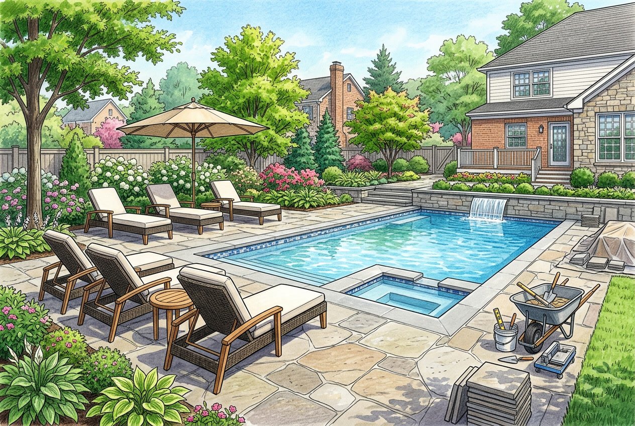 A backyard with a newly renovated swimming pool surrounded by stone patio, outdoor furniture, and green landscaping under a sunny sky.