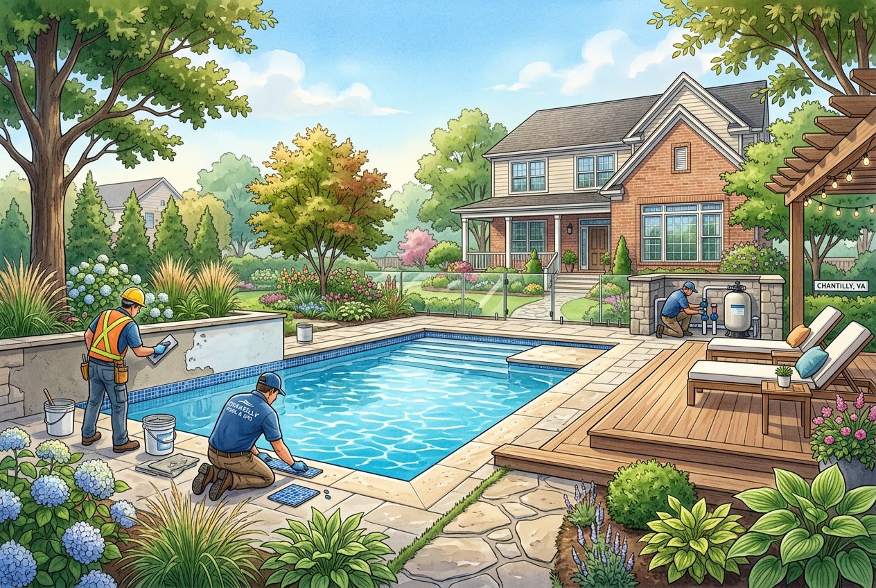 A backyard with a renovated swimming pool, workers performing pool renovation tasks, and a suburban house in the background.
