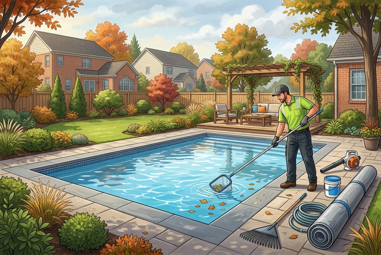 A worker cleaning a modern renovated swimming pool in a suburban backyard with autumn trees and maintenance tools nearby.