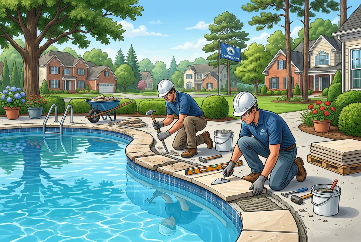 Workers replacing pool coping stones around a backyard swimming pool with houses and trees in the background.