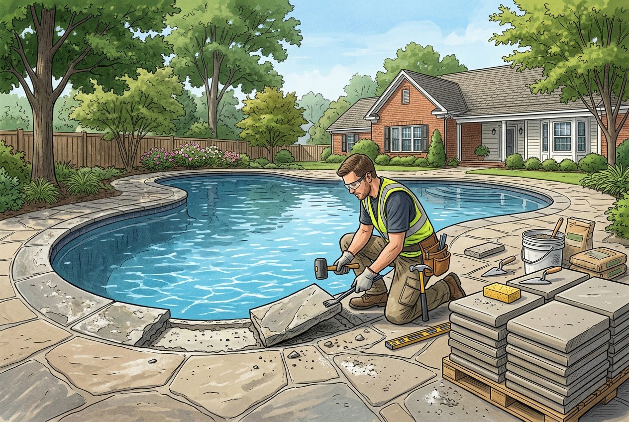 A worker replacing pool coping stones around a swimming pool in a backyard with trees and a house in the background.